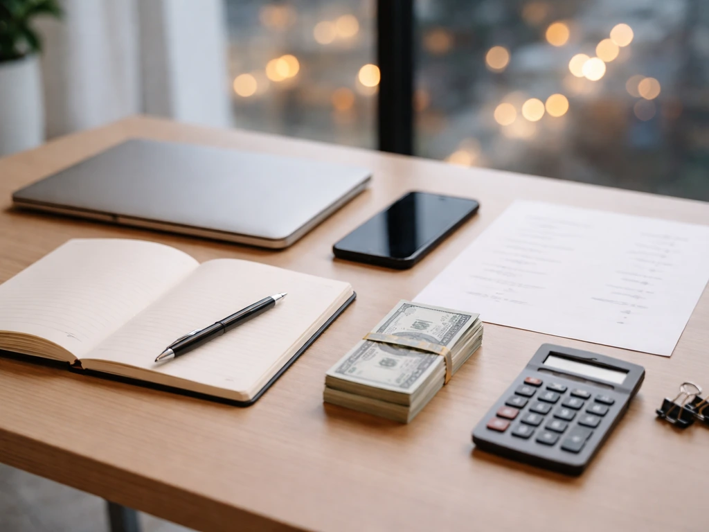 Minimal desk with laptop, notebook, calculator, and cash symbolizing asset vs liability estimation.
