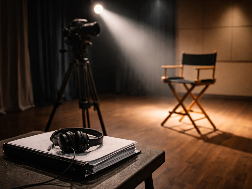 Empty acting studio with film camera, director’s chair, and script binder on a table, no people visible.
