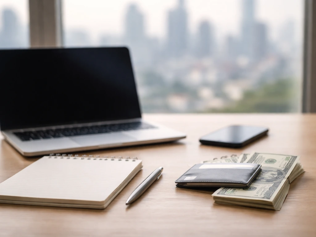 Minimal desk scene with blank notepad, smartphone, laptop glow, and a small stack of money for financial research.