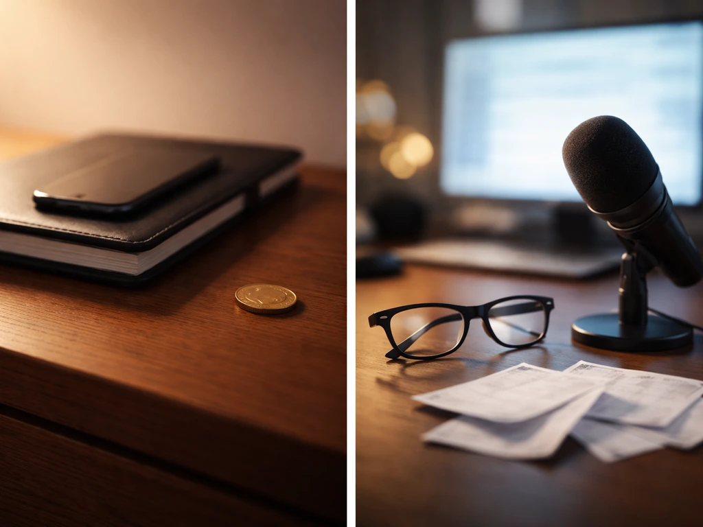 Split photo collage of an anonymous desk setup with money symbolism and media analysis mood.