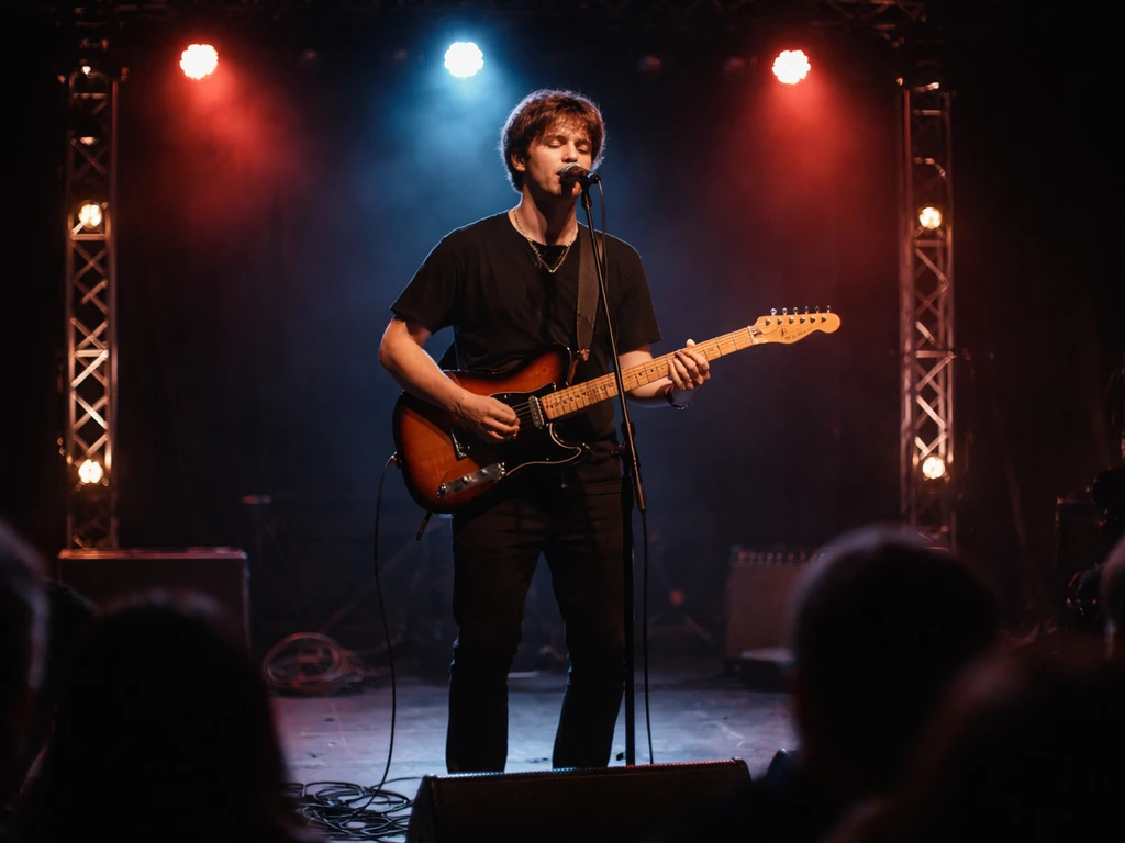 Indie guitarist performing on stage under colored lights with blurred tour crowd and speakers in the background.