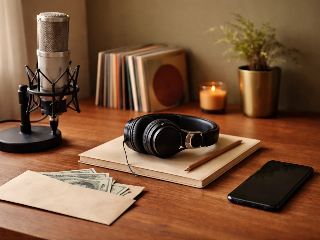 Minimal music studio desk with microphone, vinyl, and cash envelope symbolizing media-based net worth estimates.