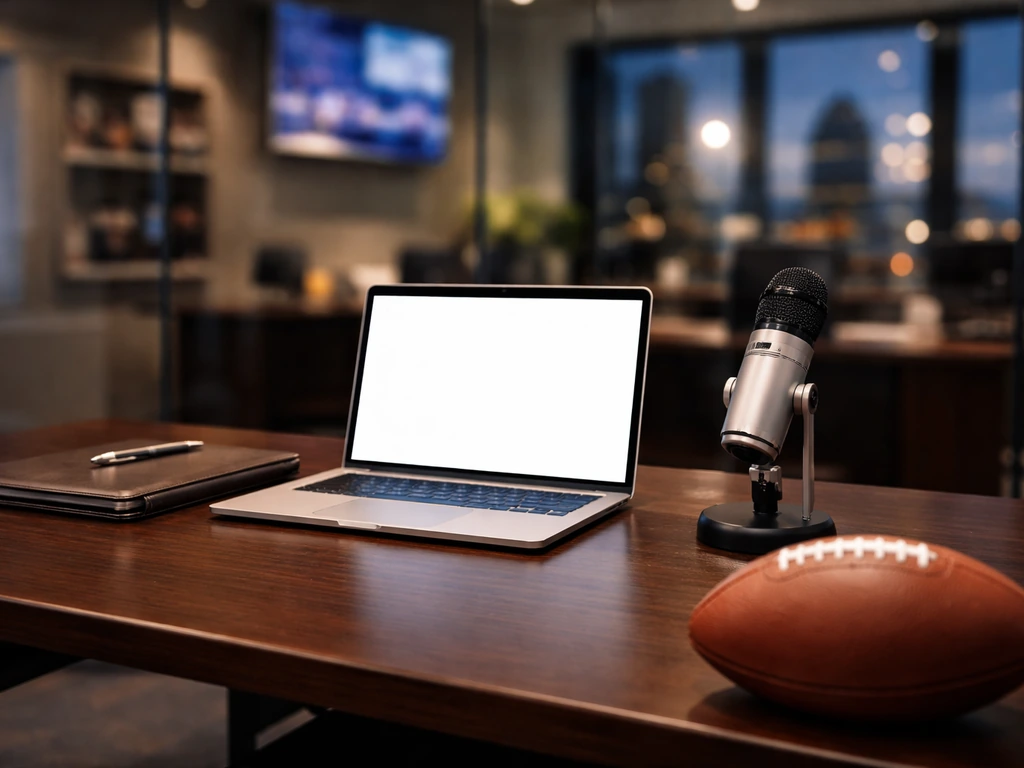 Minimal sports office desk setup with football and media gear, symbolizing NFL executive leadership and wealth analysis.