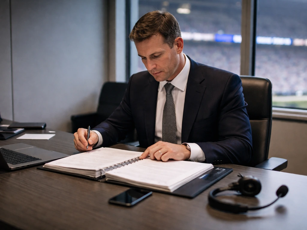 Anonymous NFL executive in a front-office setting with paperwork and headset, blurred stadium lights behind.