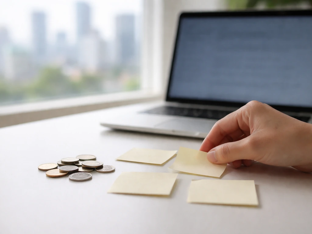 Close-up of a hand placing sticky notes and coins near a laptop, illustrating indirect net-worth estimation signals.