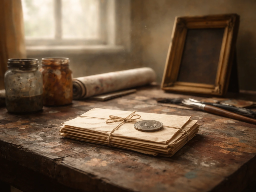 Minimal artist studio desk with coins and old papers symbolizing wealth and disputed estimates.