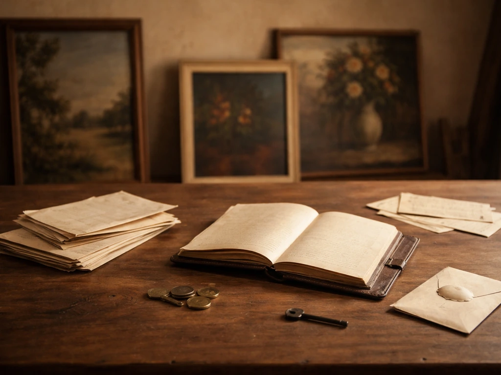 A quiet studio desk with scattered letters, a small ledger book, and framed artworks symbolizing assets and debts.