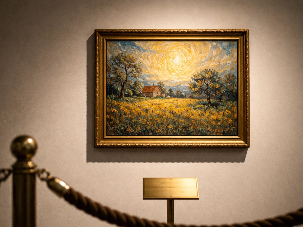 Van Gogh–style painting displayed under gallery spotlight at an auction-like setting, symbolizing today’s art market val