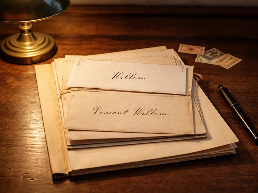 Vintage letters on a desk with two clearly written names, symbolizing confusion between Willem and Vincent Willem.