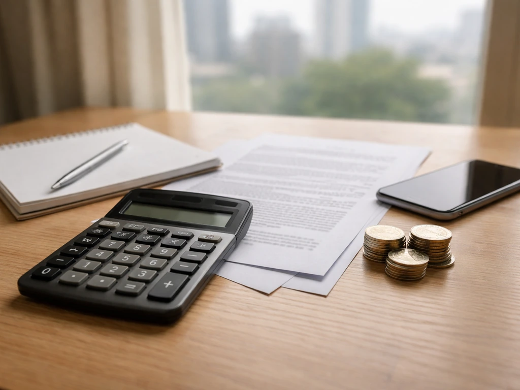 Calculator, blank documents, coins, and a phone on a simple desk symbolizing net worth estimate methods.