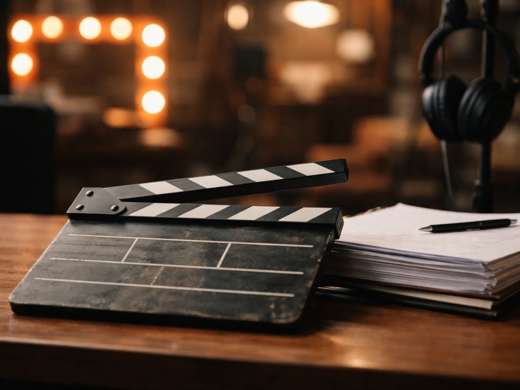 Film studio desk scene with a vintage slate and headphones, symbolizing franchise royalties and media work.