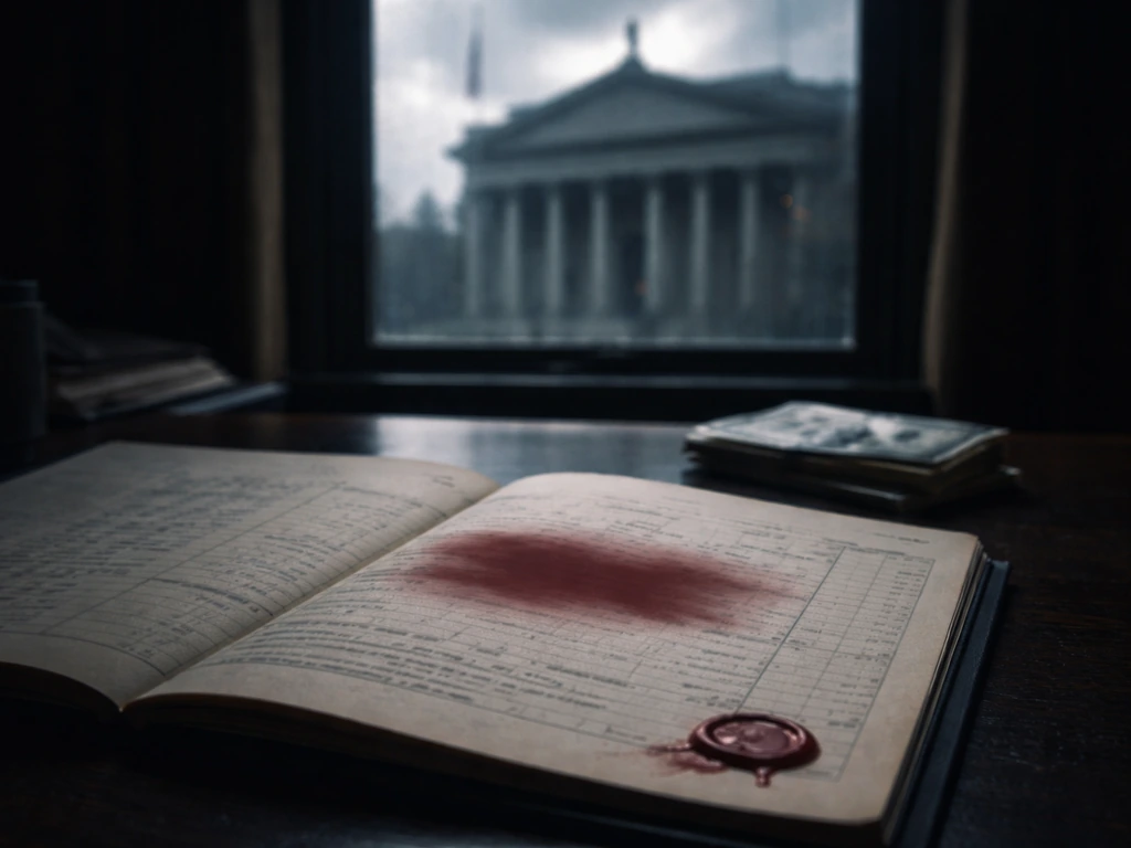 Courthouse silhouette over a desk with blurred redaction ledger and cash bills, symbolic legal wealth mystery