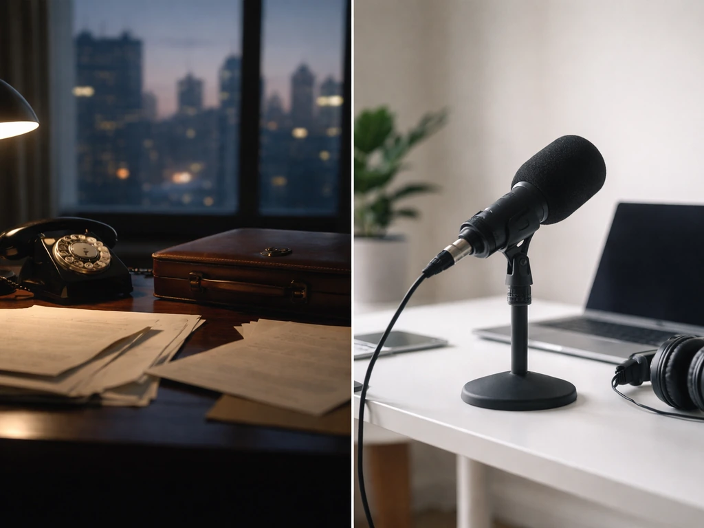 Split-screen photo: old office desk on left and modern podcast desk with mic on right, no people or text.