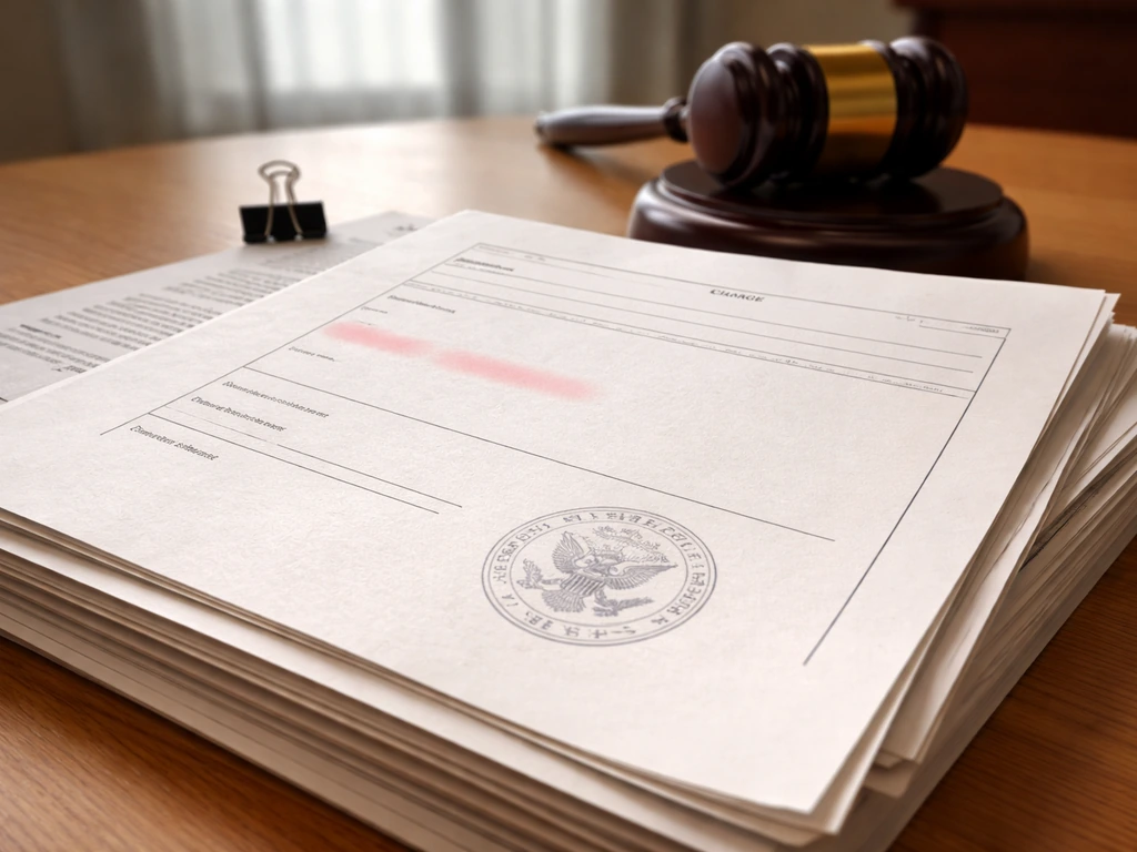 Close-up of stacked legal documents with a stamp and subtle date highlights on a wooden desk.