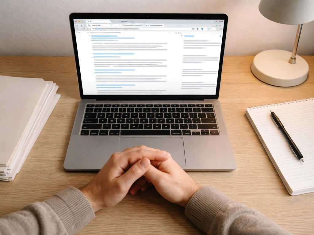 Overhead laptop shot showing a web search workflow with legal primary-source tabs open, no readable text.