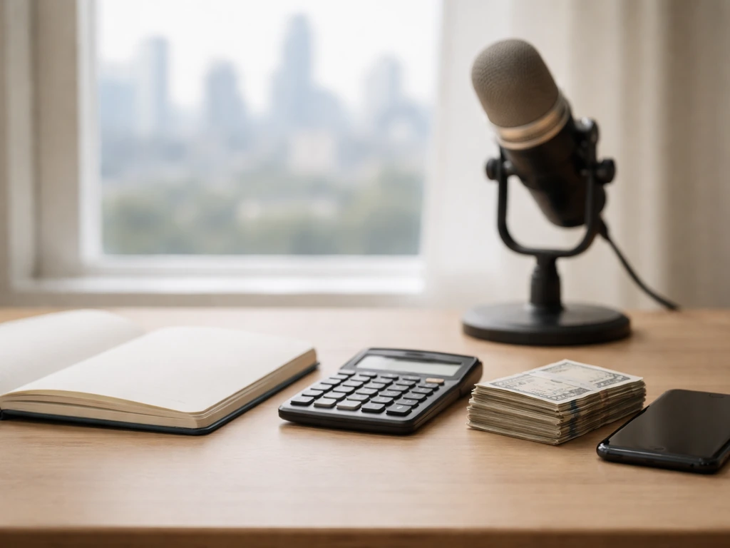 Minimal photo of a desk with a calculator, bank notes, and a microphone, suggesting athlete net worth calculation