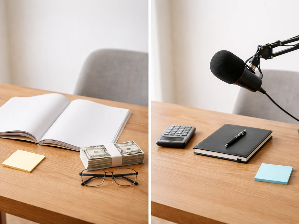 Minimal side-by-side desks showing finance and media props to imply differing net-worth methodologies.