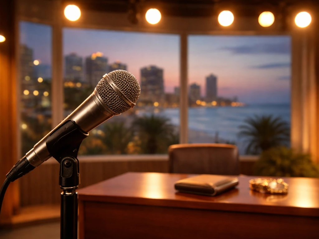 Retro TV studio scene with warm stage lights and a subtle money-themed backdrop