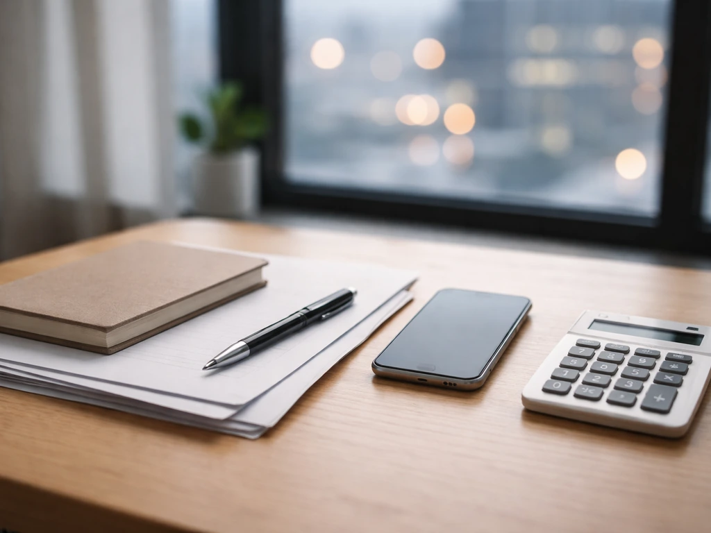 Minimal photo of a desk with scattered business documents, a pen, and a smartphone near a calculator