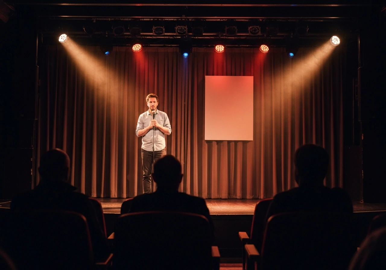 Comedian performing on a small theater stage under warm spotlights with a microphone