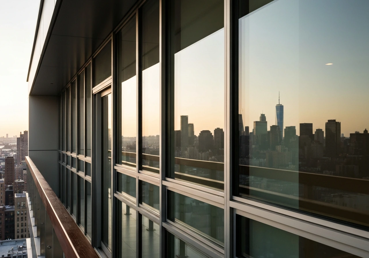 Luxury Manhattan condo balcony with skyline view, warm light, suggesting high-end real estate value