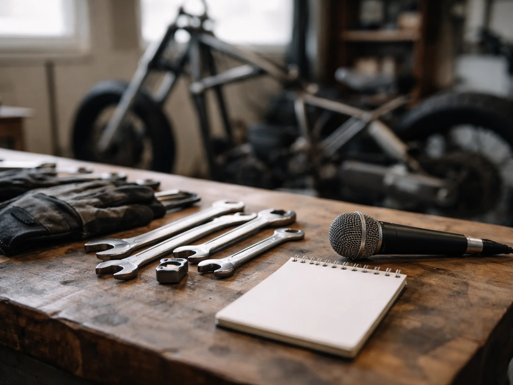 Unoccupied motorcycle workshop bench with tools and a microphone, symbolizing profiling and identity checks.
