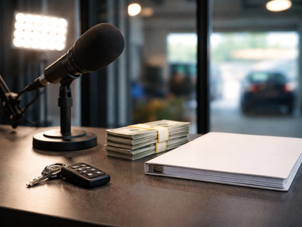 Minimal photo of a TV studio desk with a microphone and a small stack of cash as symbolic income streams