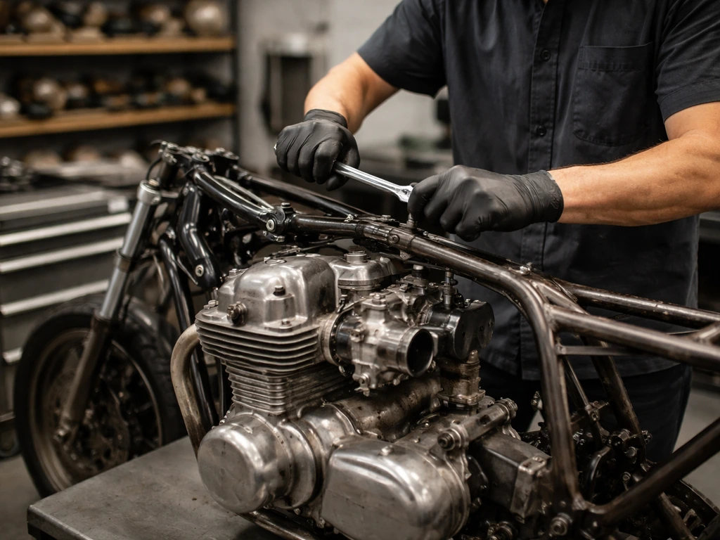 Anonymous mechanic tightening a custom motorcycle engine component in a quiet workshop.