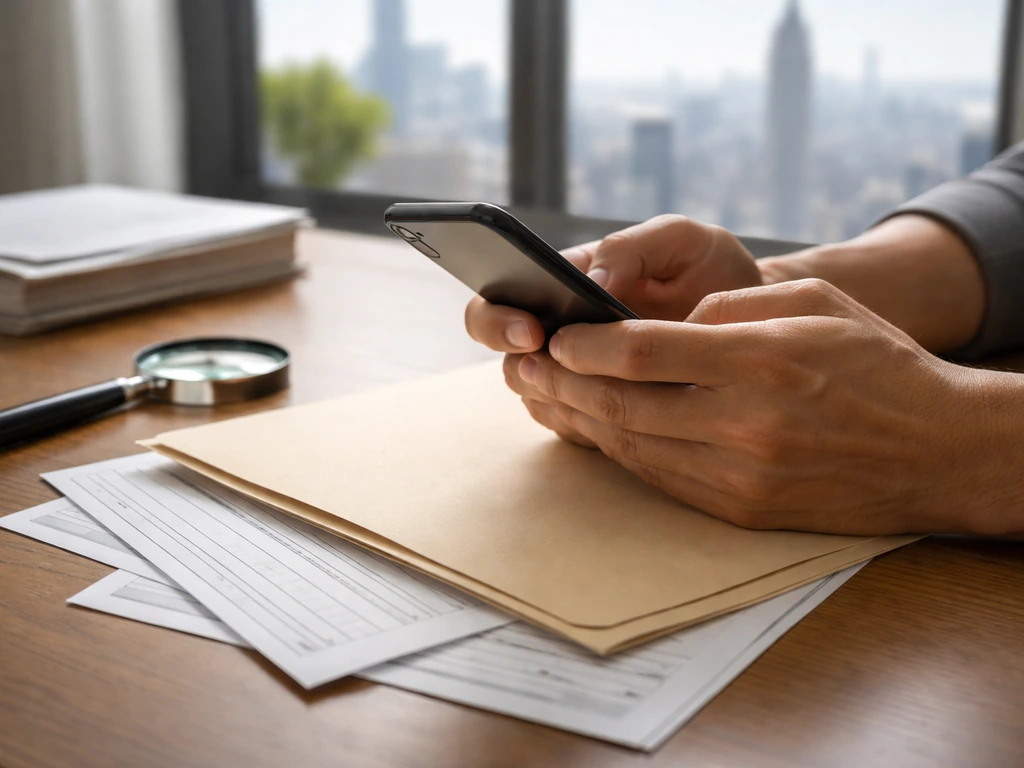 Minimal photo of hands holding a smartphone above a folder of public records, suggesting DIY verification