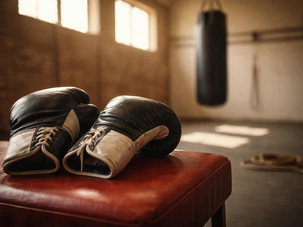 Anonymous boxing gloves on a bench in a quiet gym with blurred training gear in the background.