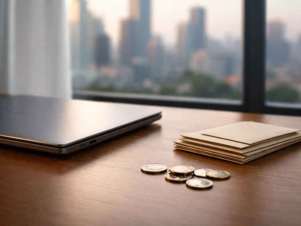 Minimal photo of a banker’s desk with a laptop, cash envelope, and scattered coins suggesting a net-worth range