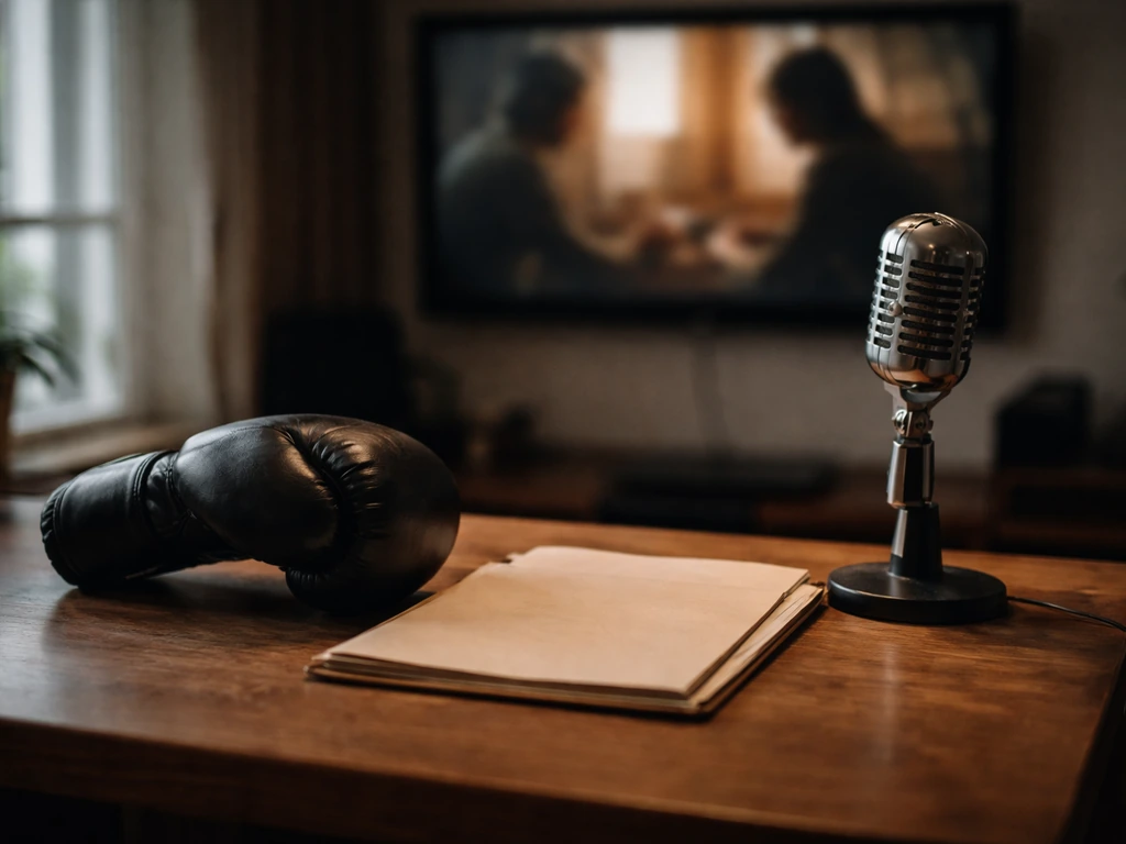 Cinematic film screen glow beside a boxing glove on a studio desk, suggesting media and coaching income.