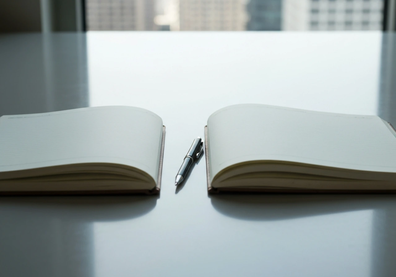 Minimal desk scene with two open notebooks and a pen, symbolizing comparing source claims about net worth.