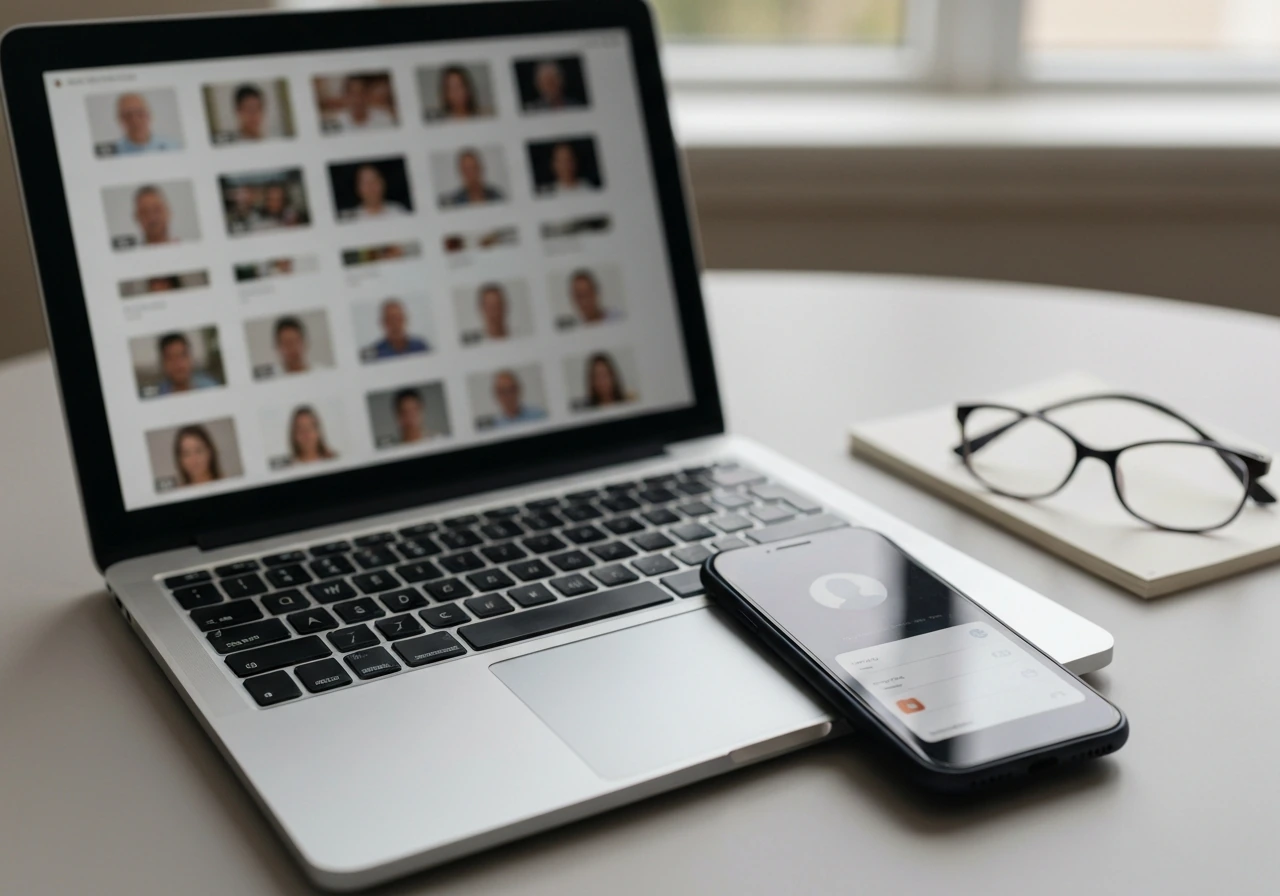Close-up of a laptop and smartphone showing matching profile thumbnails in a quiet home office
