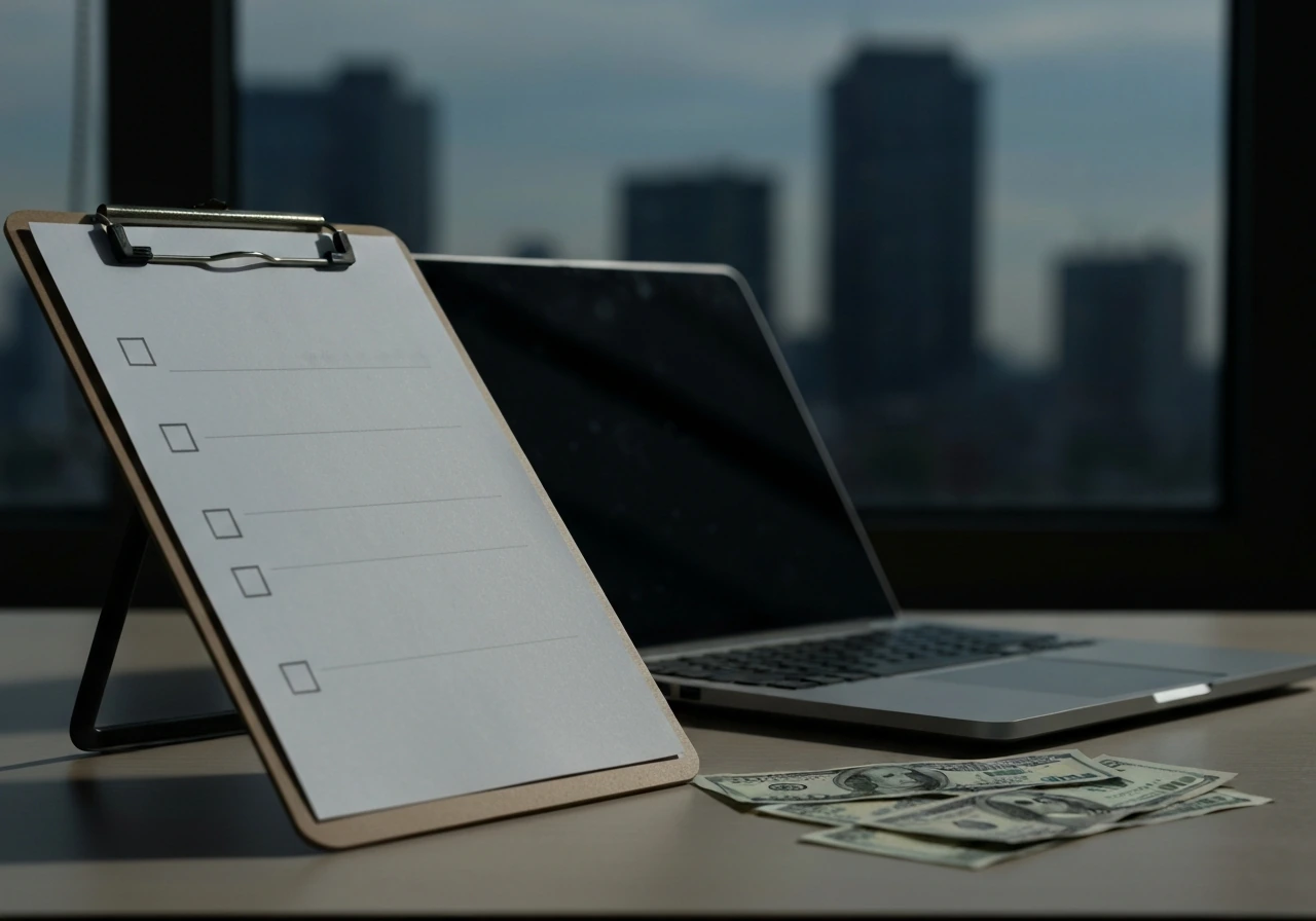 An open checklist clipboard beside a closed laptop and cash, symbolizing unknown financial details