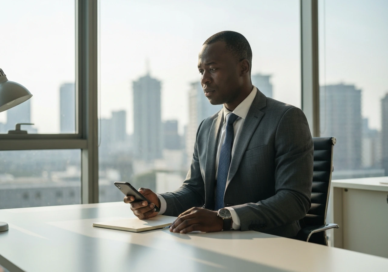 An entrepreneur in a modern office with a city view, holding a phone near a clean desk