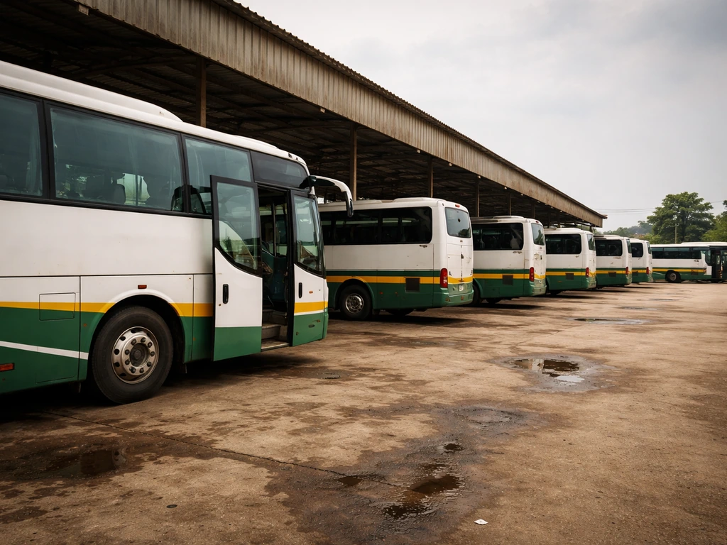 A minimal scene of bus operations in Nigeria—parked buses at a depot, suggesting business scale behind net-worth estimat