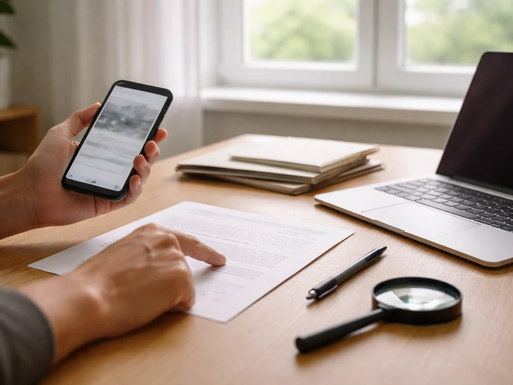 Person in home office comparing credible sources online with documents and smartphone on desk