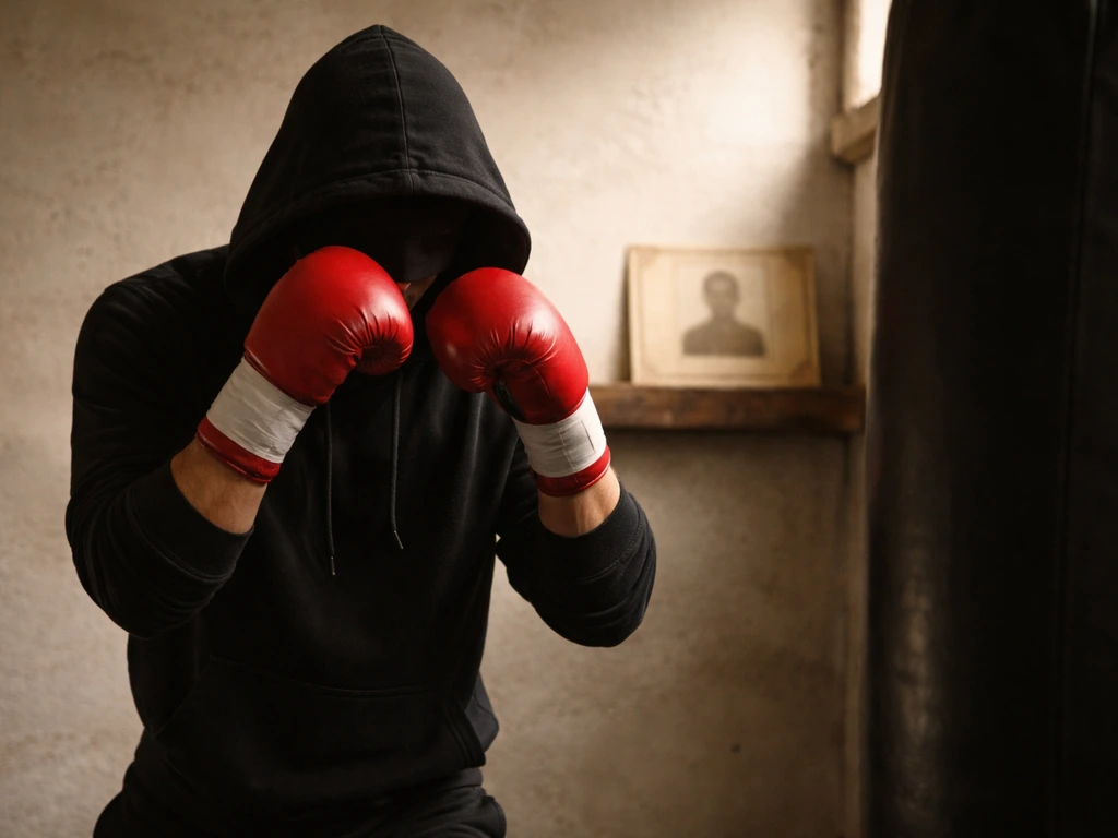 Boxer in training stance with an archival-style photo plate reference, suggesting Vinny Pazienza identity