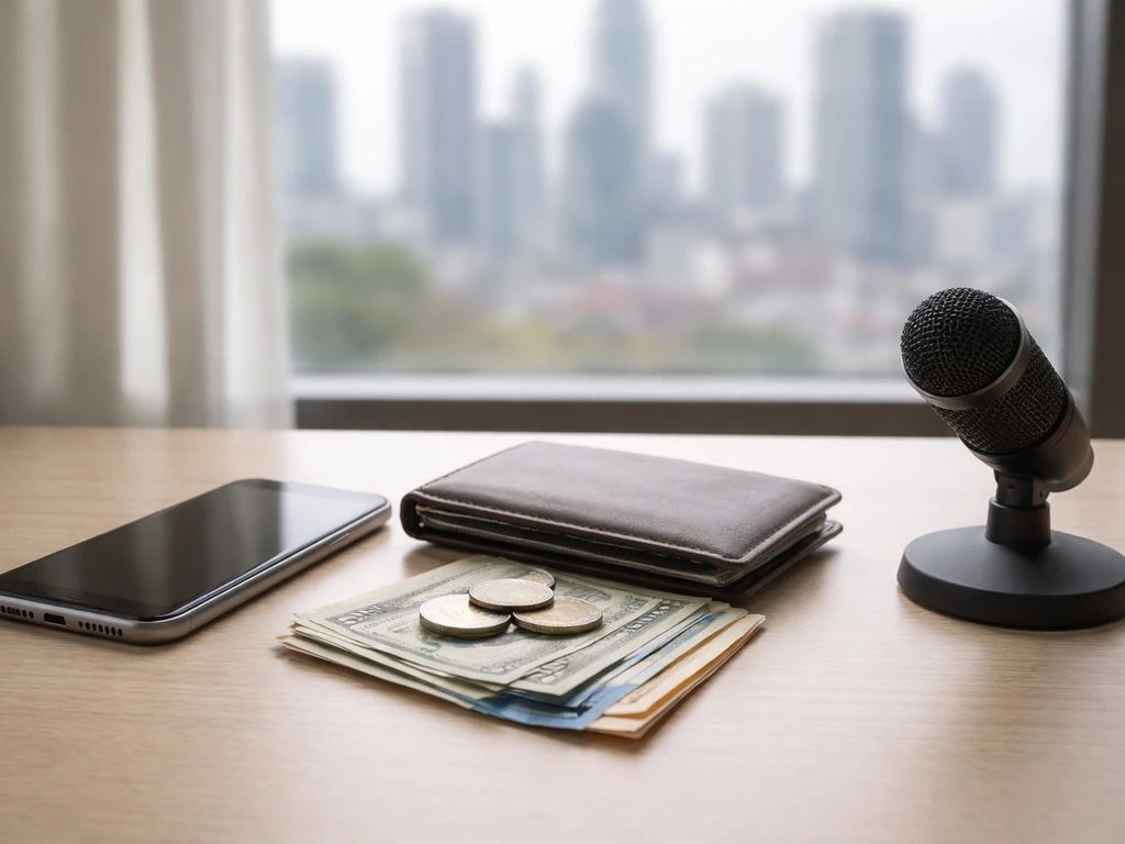 Minimal desk scene with a smartphone and cash, symbolizing reported net worth range