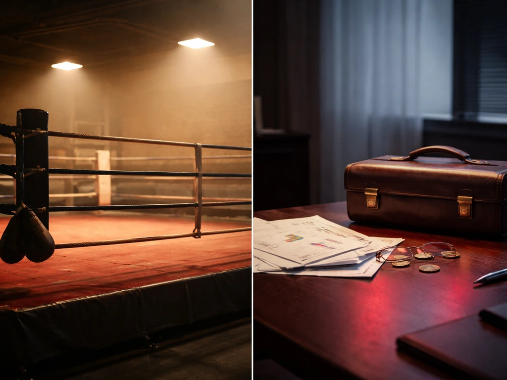 Minimal photo of a boxing ring on one side and a quiet financial desk with red warning accents on the other.