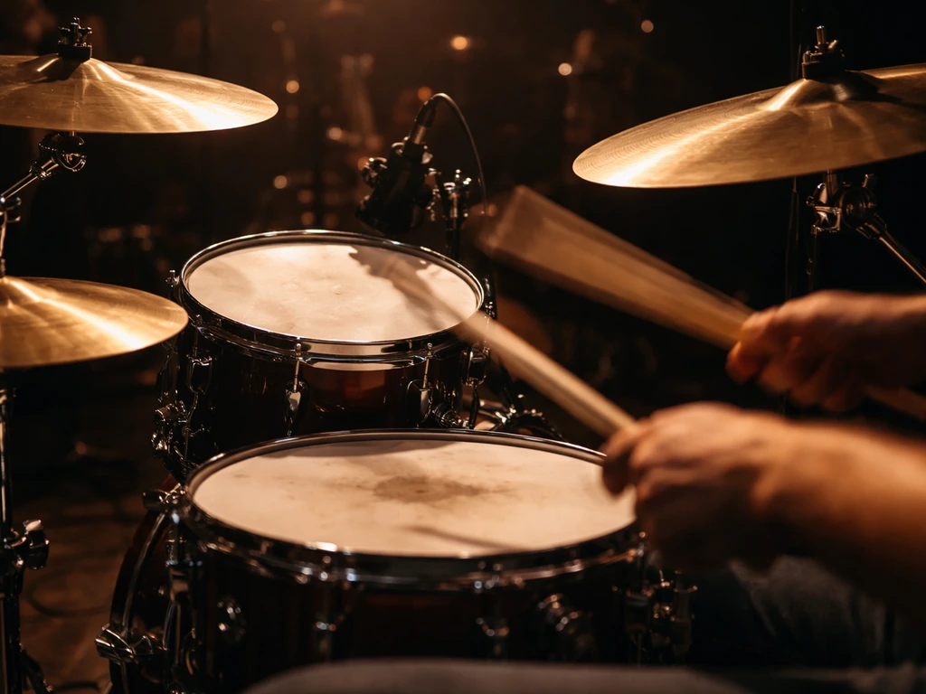 Drummer’s studio performance scene with drum kit and stage lighting, symbolic of a top professional musician.