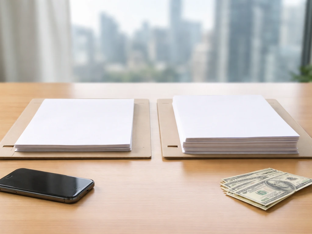 Minimal desk scene with two blank folders and uneven paper stacks symbolizing wide net worth estimate spreads.