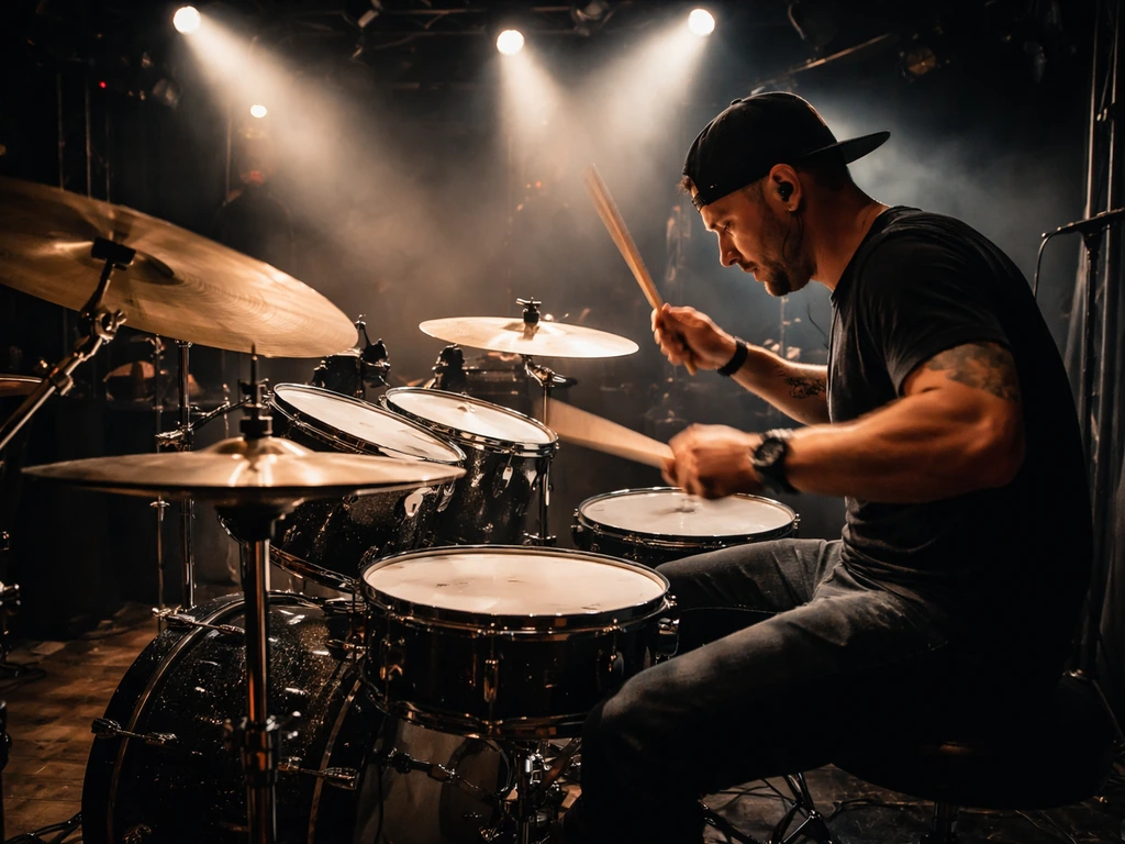 Anonymous drummer playing a concert drum kit under dramatic stage lights, live touring atmosphere.