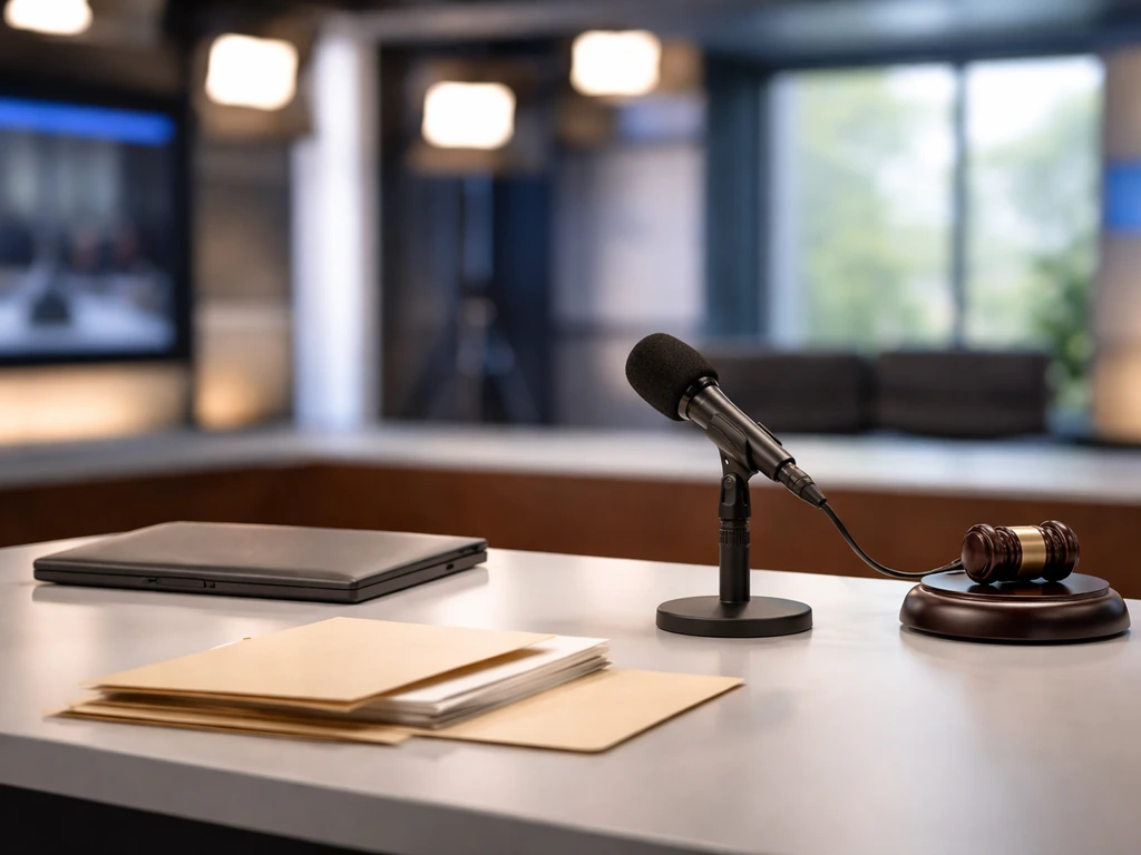 Empty broadcast studio desk with a microphone and legal-themed items in natural light