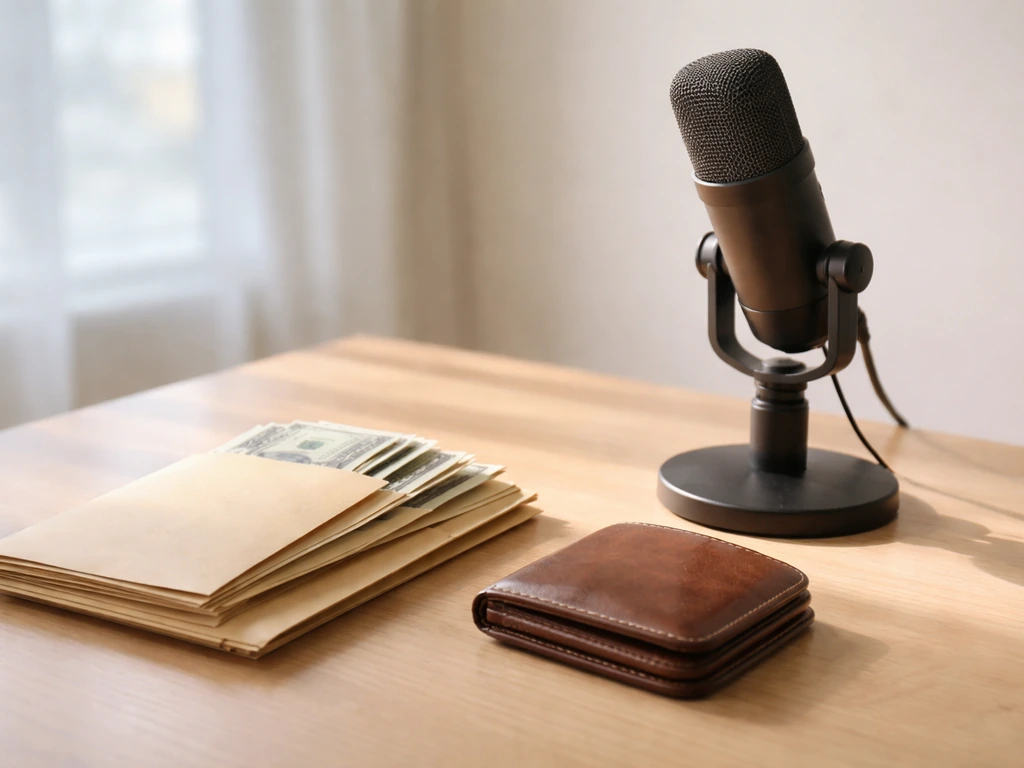 Minimal photo of a desk with a microphone and cash envelopes, suggesting income and asset estimation