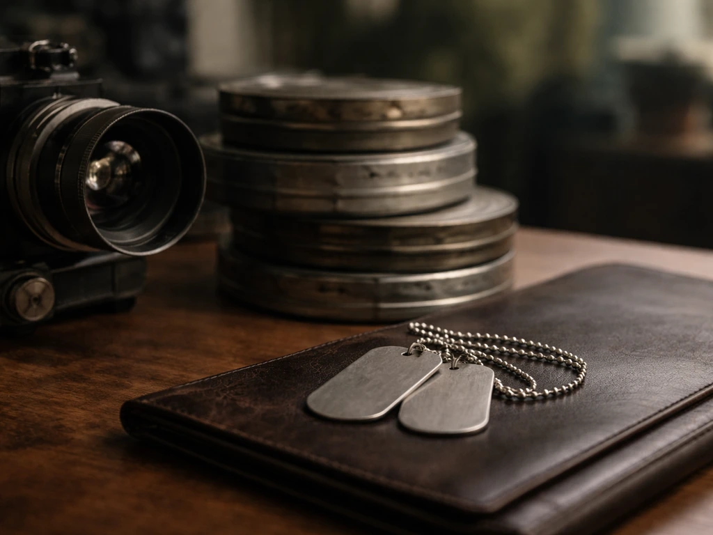 Vinyl record and military-style dog tags on a studio desk with soft cinematic lighting, symbolizing a movie career and e