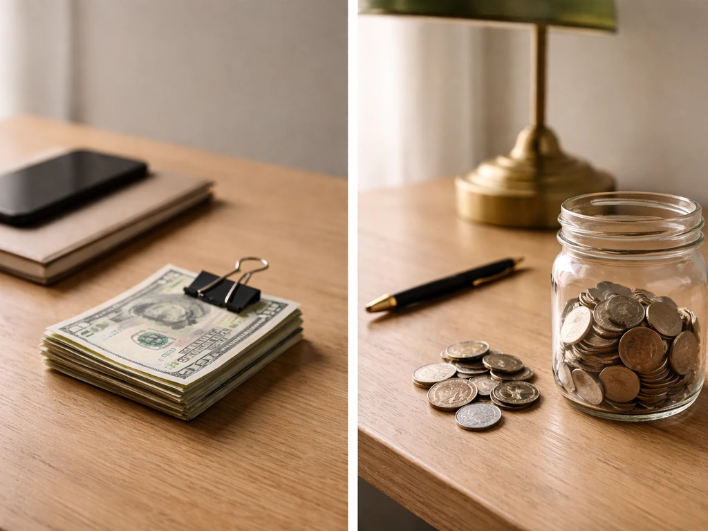 Side-by-side desk scene with money cues and office items, symbolizing net worth comparisons.