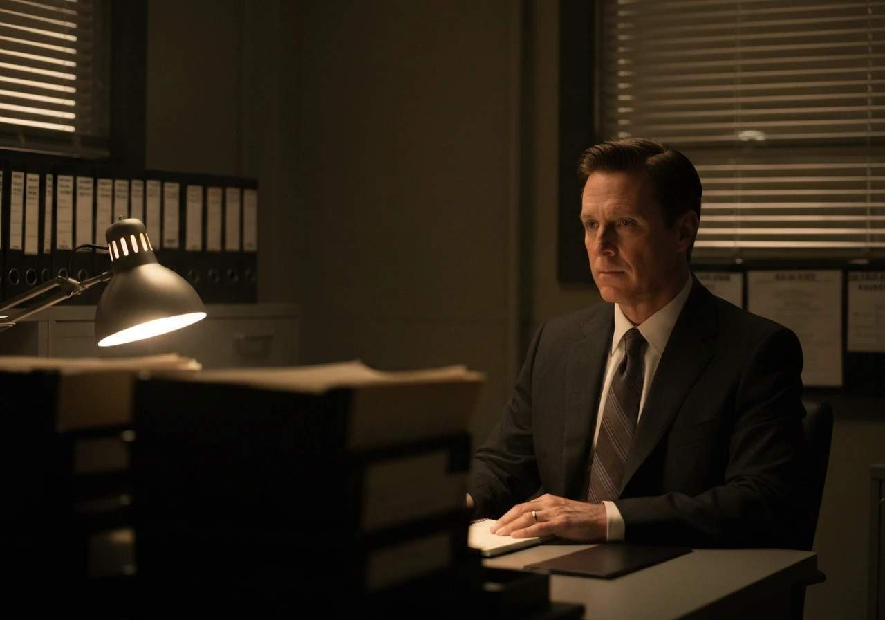 Character actor in a dim precinct office desk scene, evoking Law & Order: Criminal Intent.