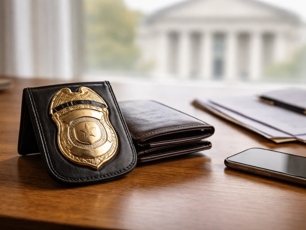 Police badge and wallet on a desk with a blurred courthouse view, symbolizing identity and wealth estimate.